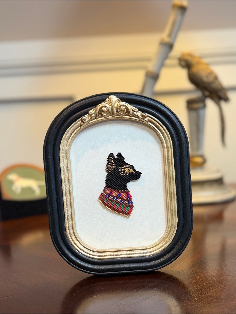 Egyptian Cat Mini Framed Bead Art • Black Gold Luxe Decor - Picture 4 of 6